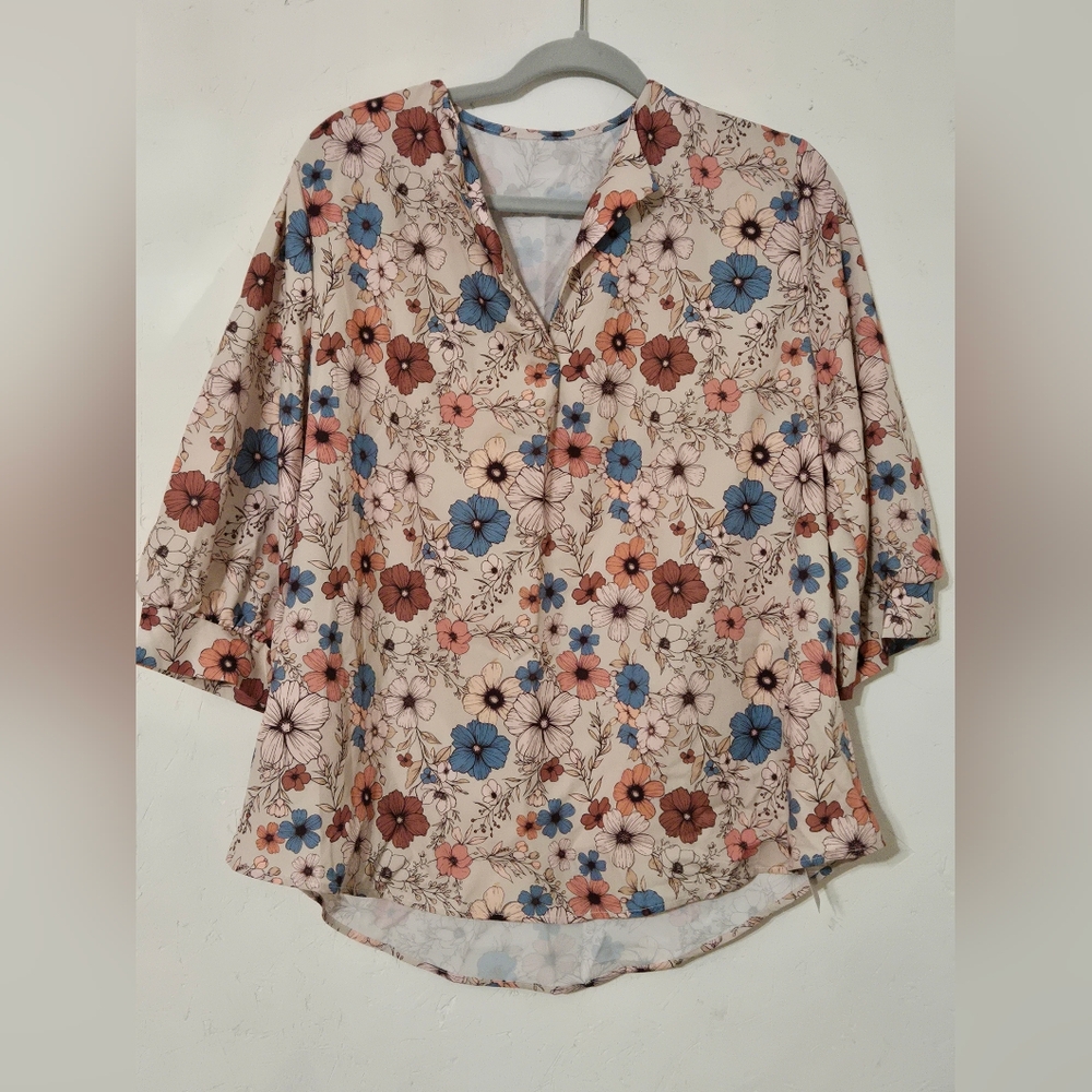 EMERY ROSE Womens Size L Multicolor Floral Blouse V Neck Long Sleeve Casual